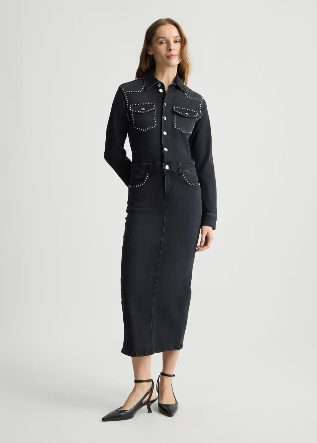 Liu Jo Robe chemisier en toile denim avec clous|Femme Robes